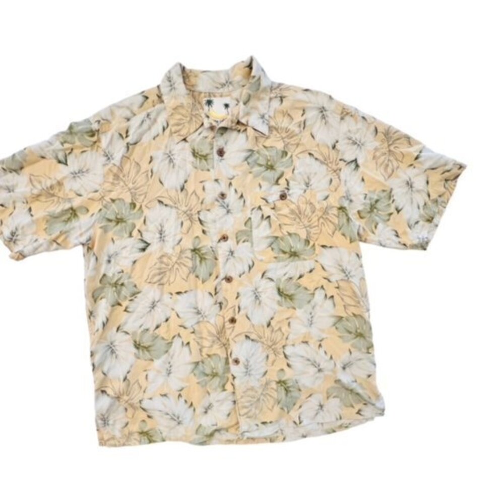Banana Cabana Shirt Men's Large Silk‎ Yellow Tropical Hawaiian Short Sleeve BOHO
